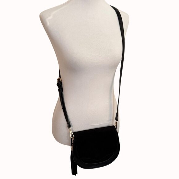 Moda Luxe Black Crossbody Bag Faux Suede Vegan Leather Tassel Accent Adjustable - Picture 2 of 16